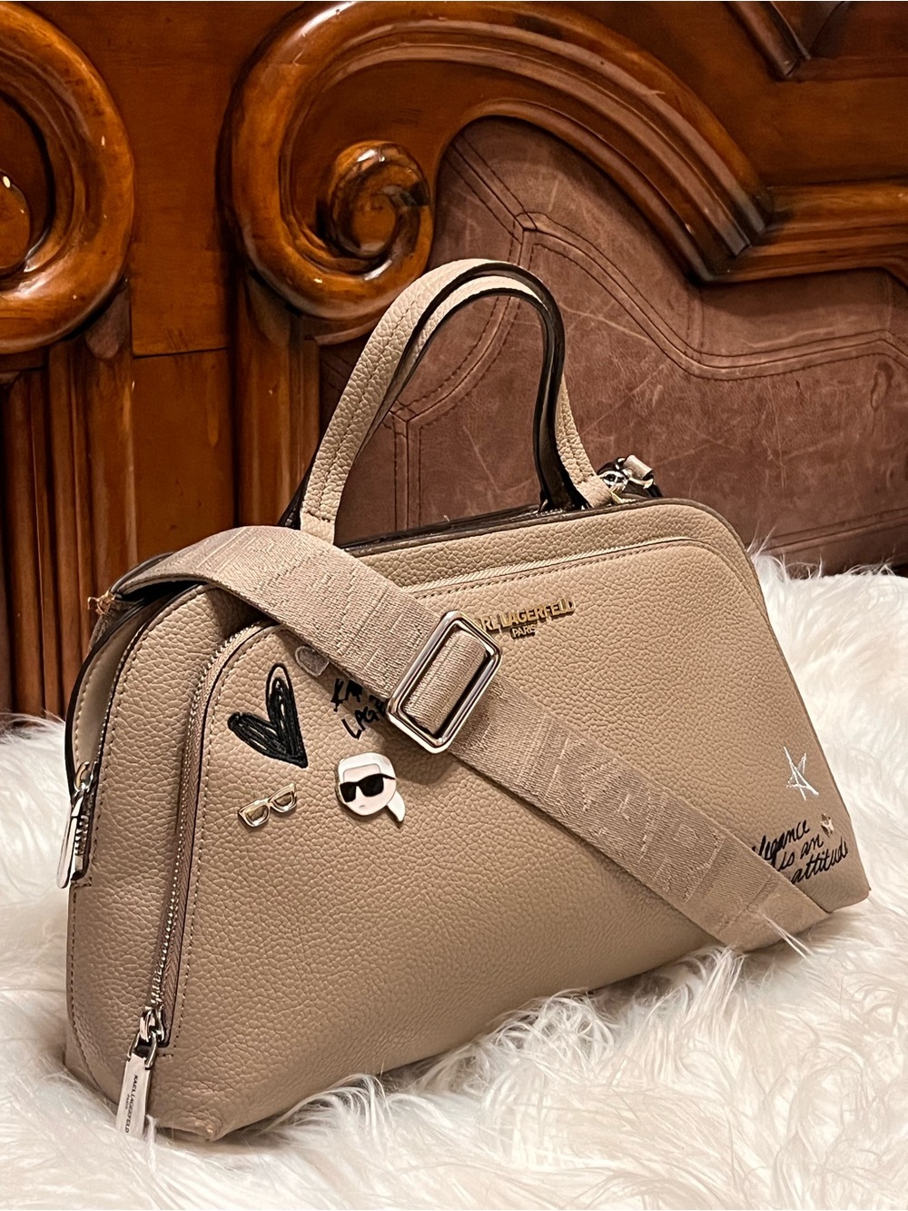 Karl Lagerfeld taupe satchel with playful decals - Picture 10 of 15